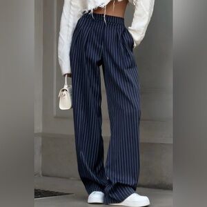 Pinstripe Pleated Wide-Leg Pants